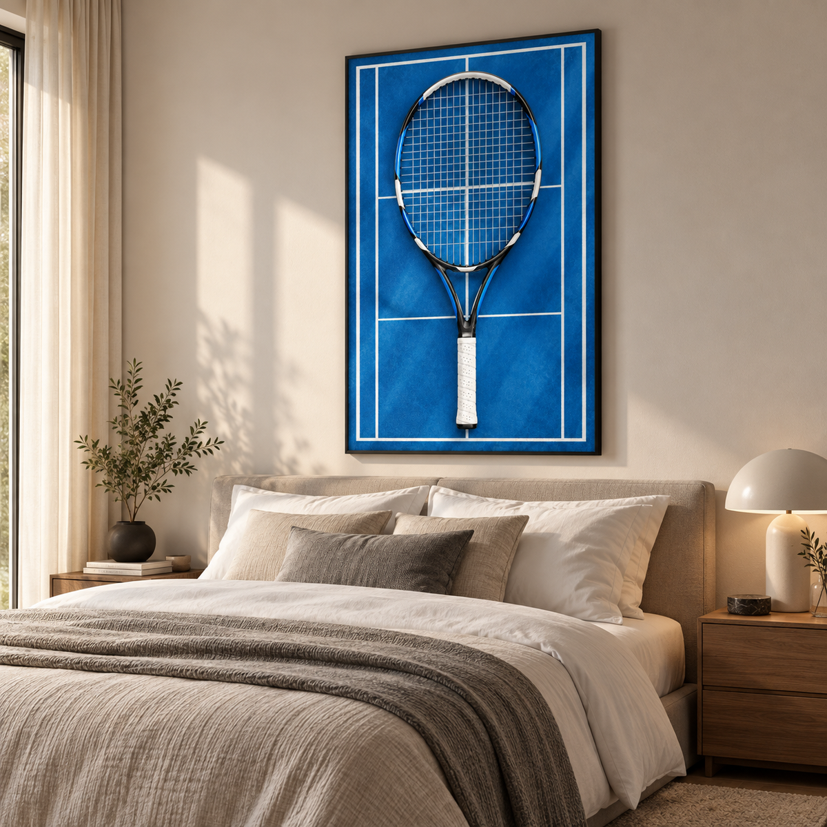 Quadro Raquete de Tênis em Quadra Azul