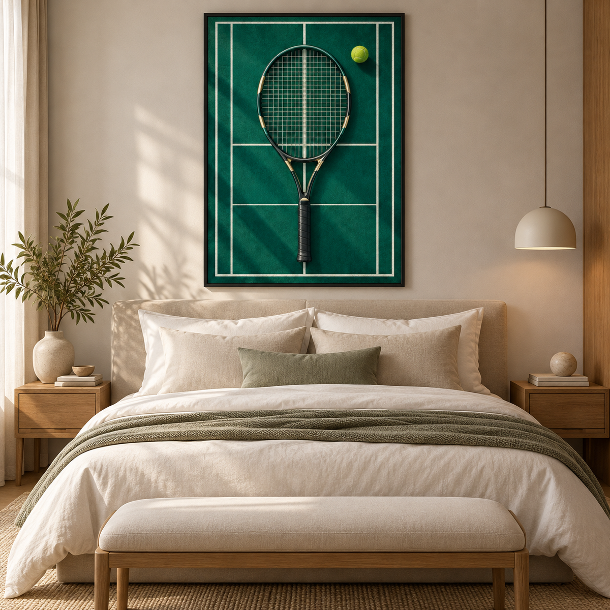 Quadro Tênis com Raquete e Bola em Quadra Verde