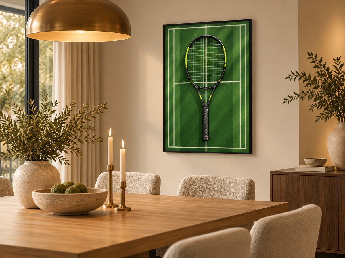 Quadro Raquete de Tênis na Quadra Verde