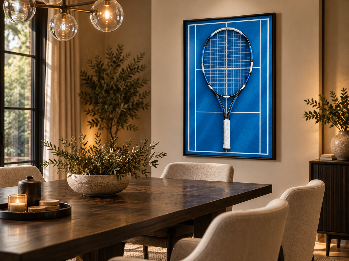 Quadro Raquete de Tênis em Quadra Azul