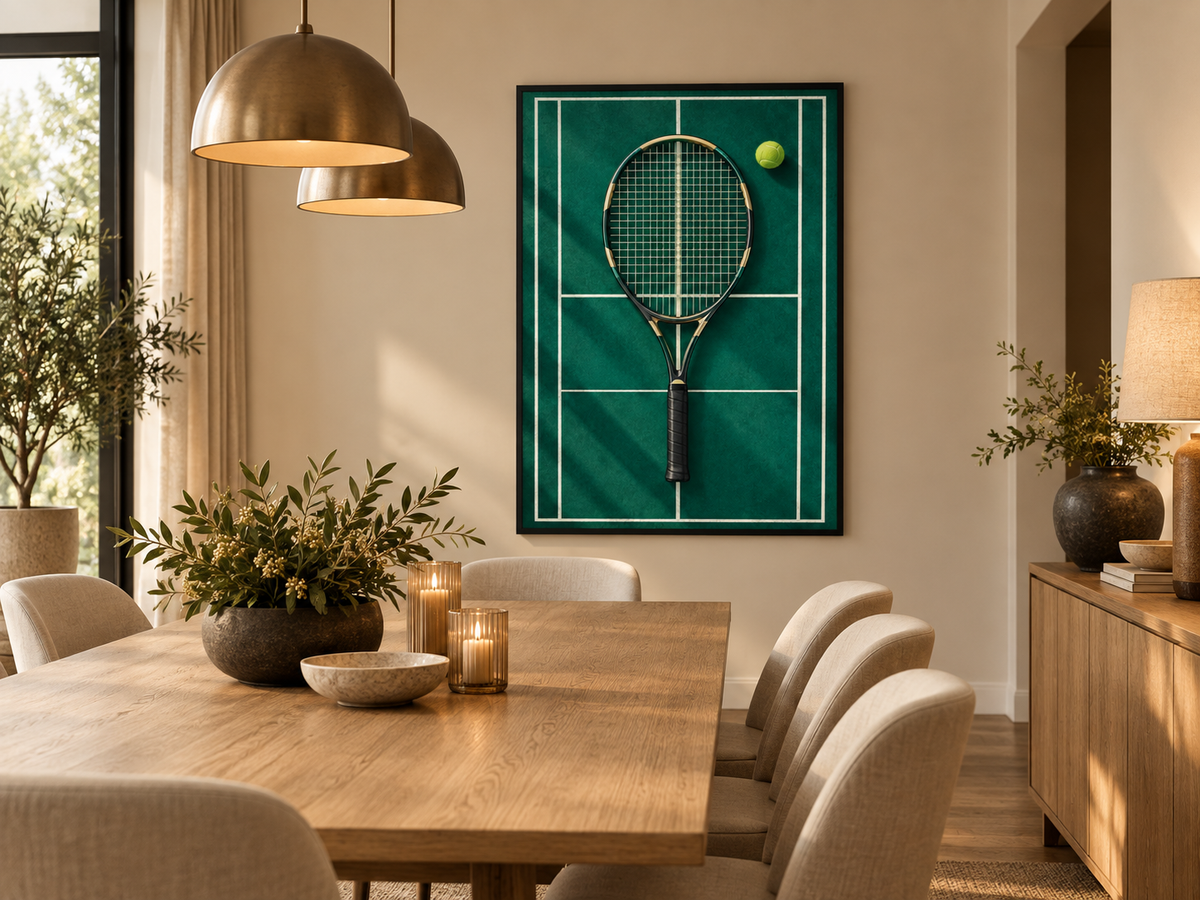 Quadro Tênis com Raquete e Bola em Quadra Verde