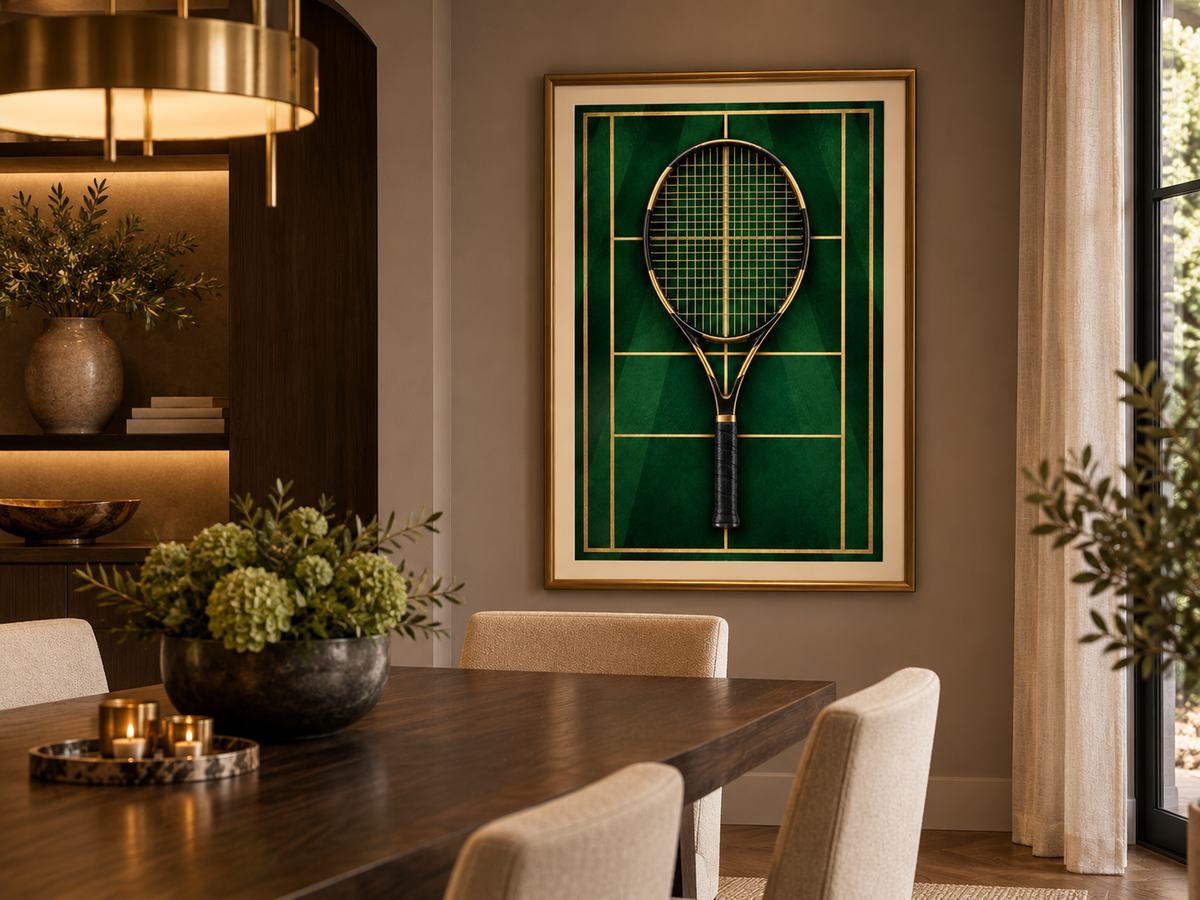 Quadro Raquete de Tênis Preta e Dourada