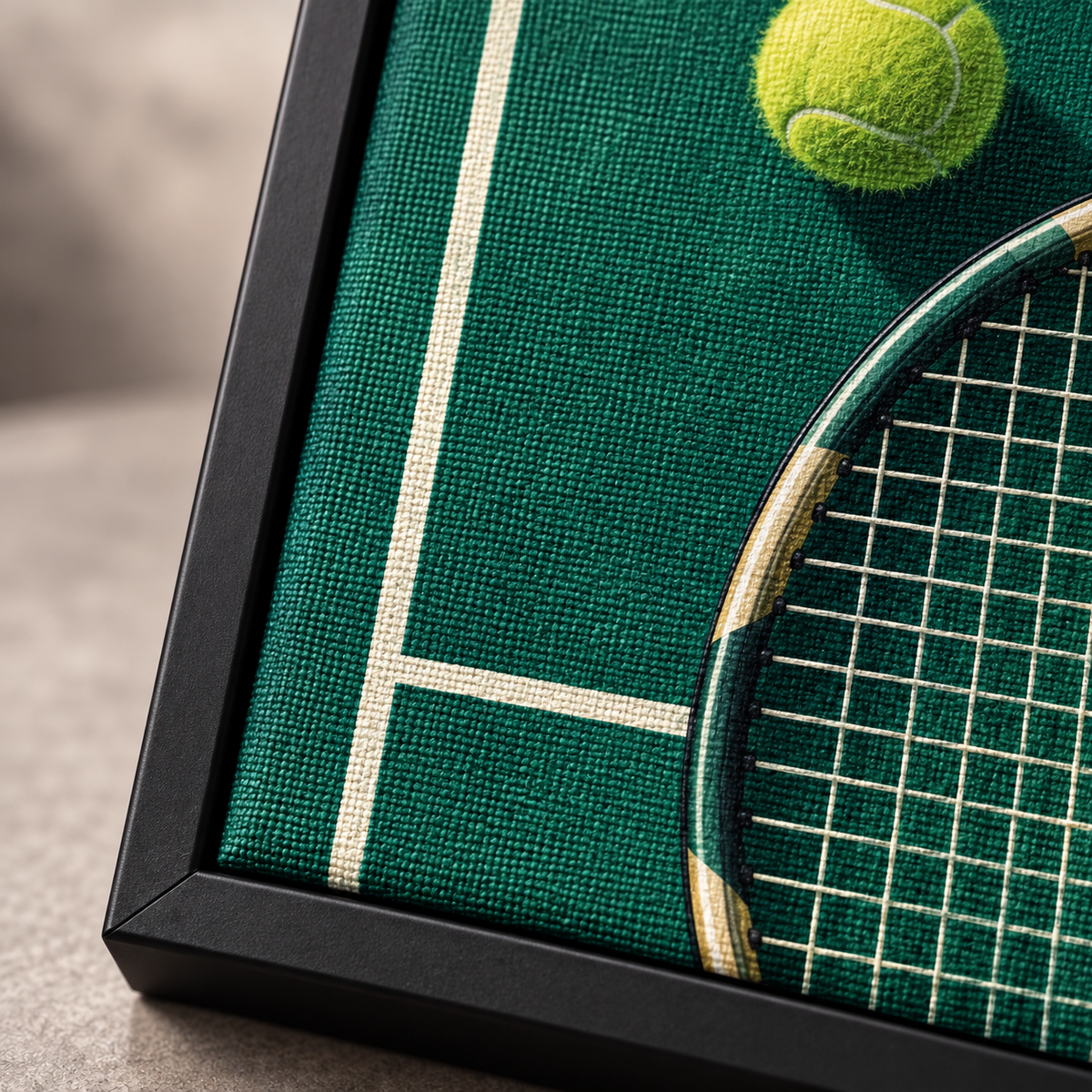 Quadro Tênis com Raquete e Bola em Quadra Verde