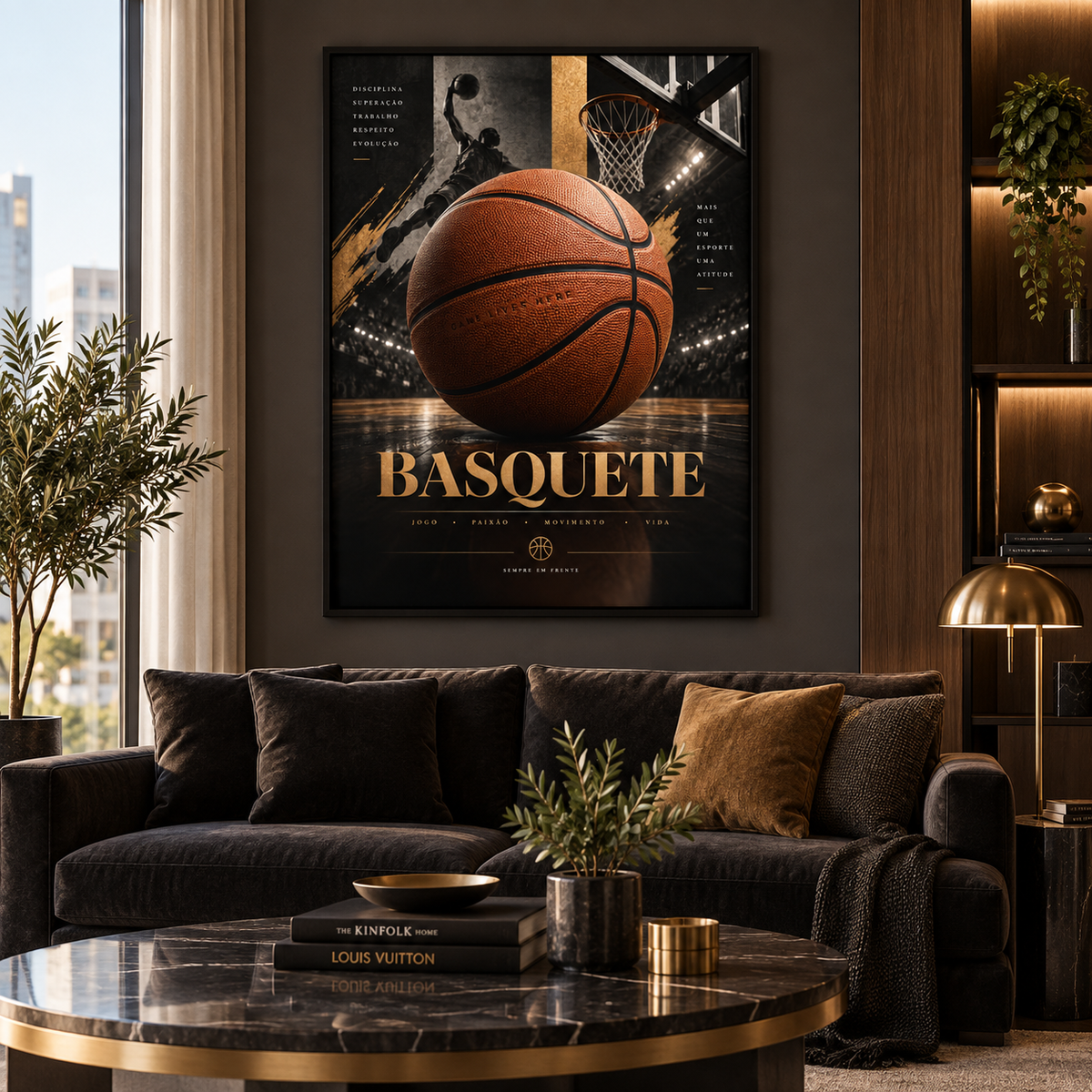 Quadro Basquete com Bola, Cesta e Atleta