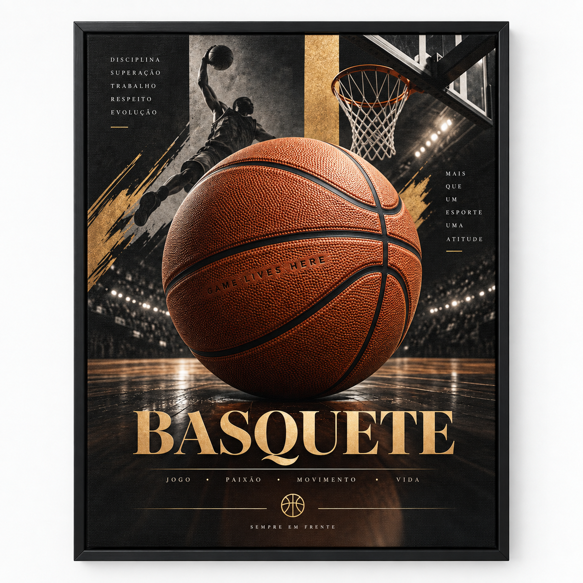 Quadro Basquete com Bola, Cesta e Atleta