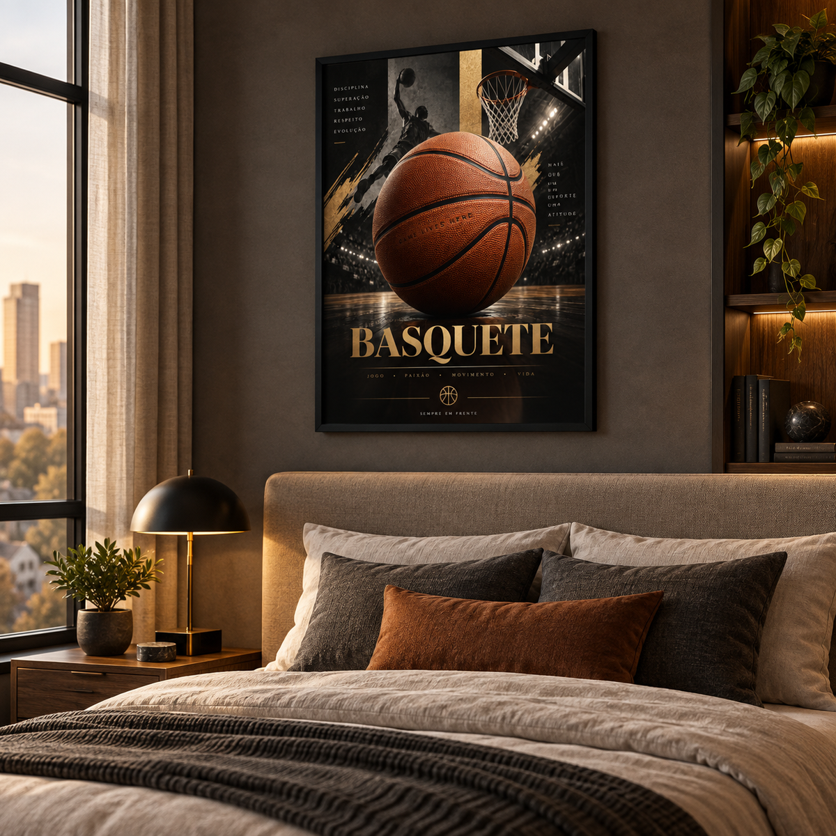 Quadro Basquete com Bola, Cesta e Atleta