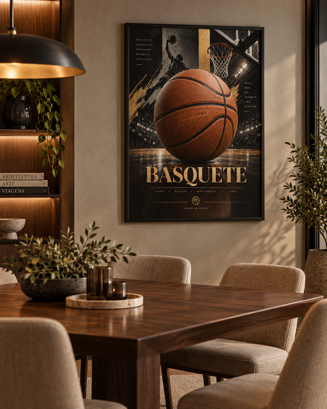 Quadro Basquete com Bola, Cesta e Atleta