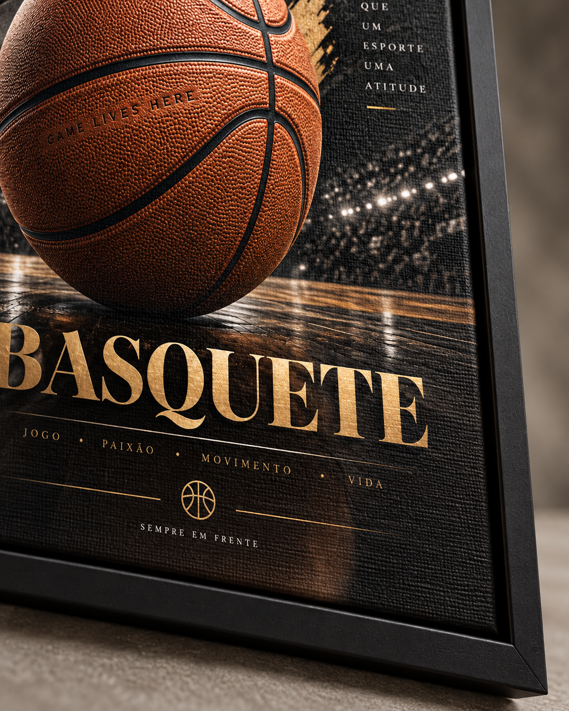 Quadro Basquete com Bola, Cesta e Atleta