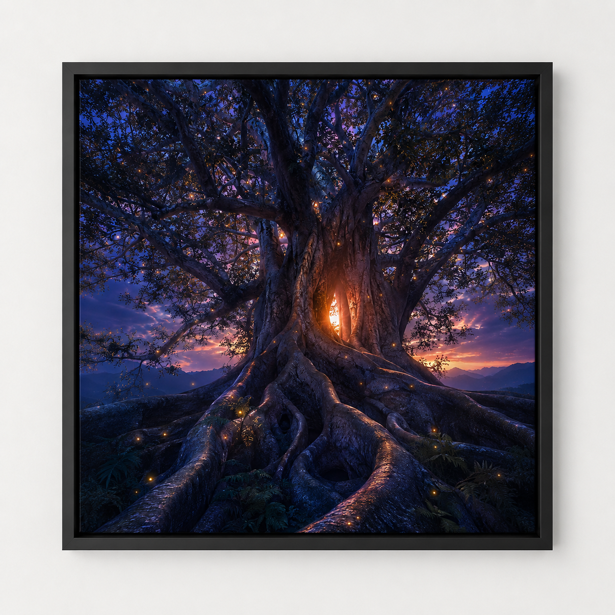 Quadro Árvore ao Crepúsculo com Luzes Douradas