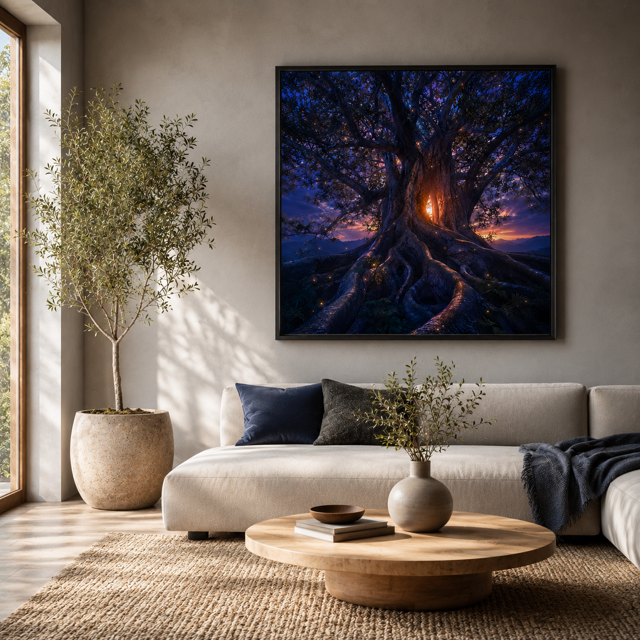 Quadro Árvore ao Crepúsculo com Luzes Douradas