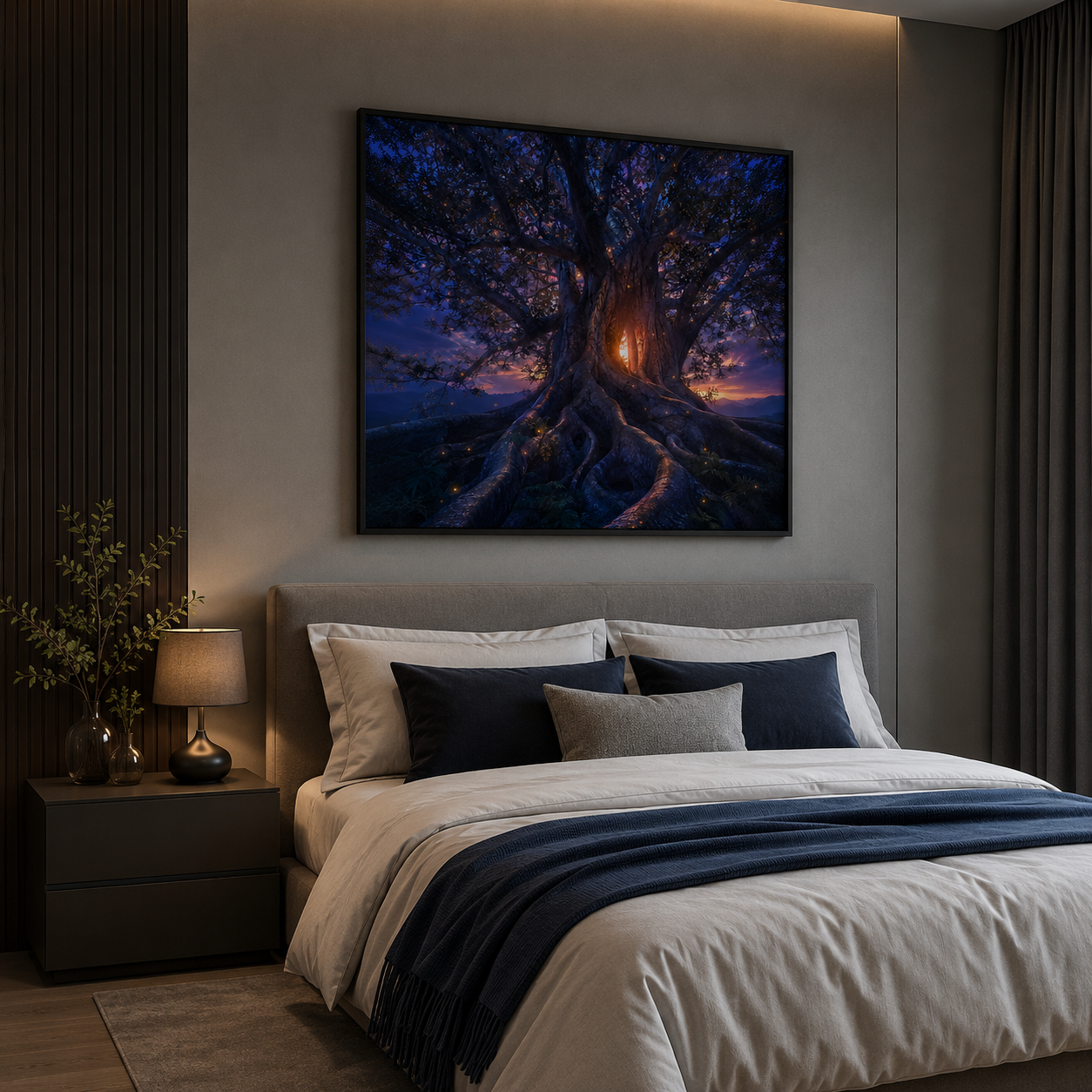 Quadro Árvore ao Crepúsculo com Luzes Douradas