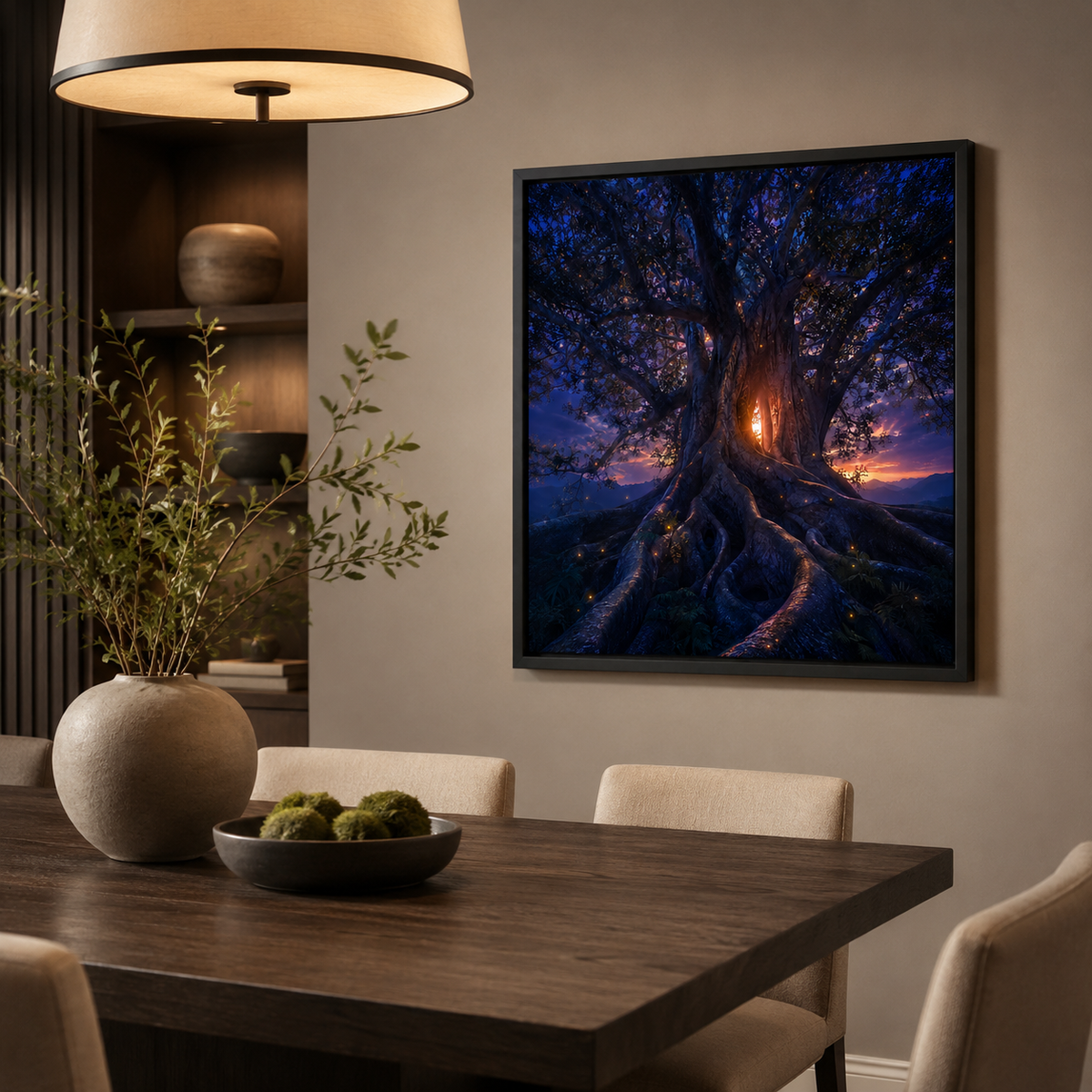 Quadro Árvore ao Crepúsculo com Luzes Douradas