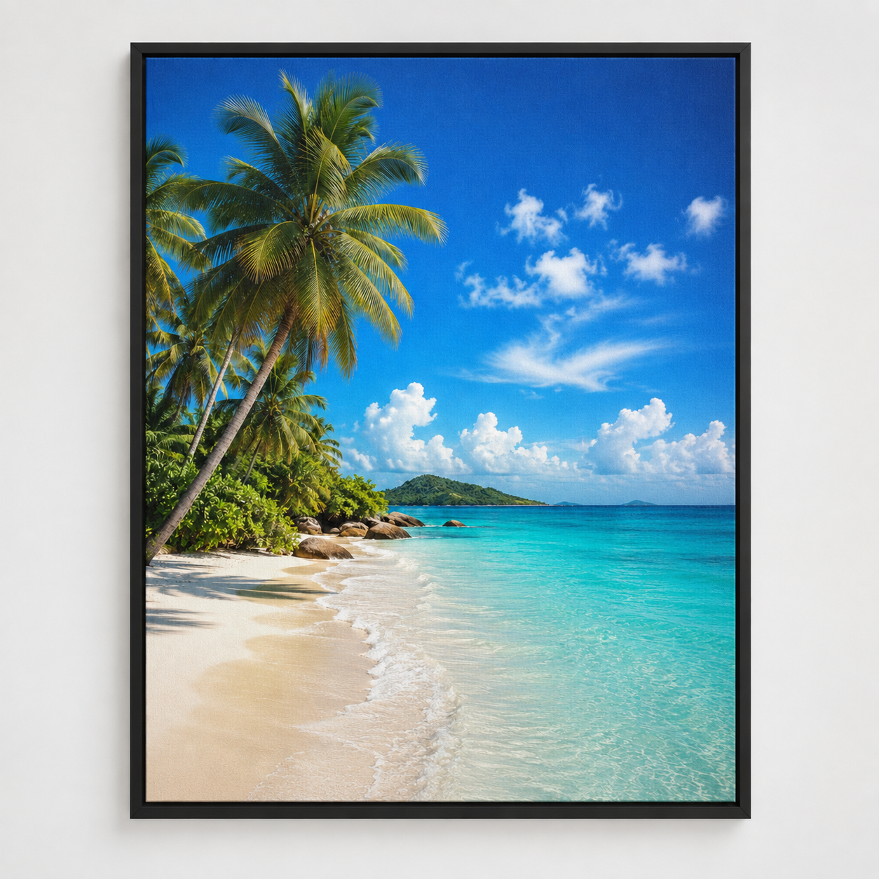 Quadro Praia Tropical com Coqueiros e Mar Azul