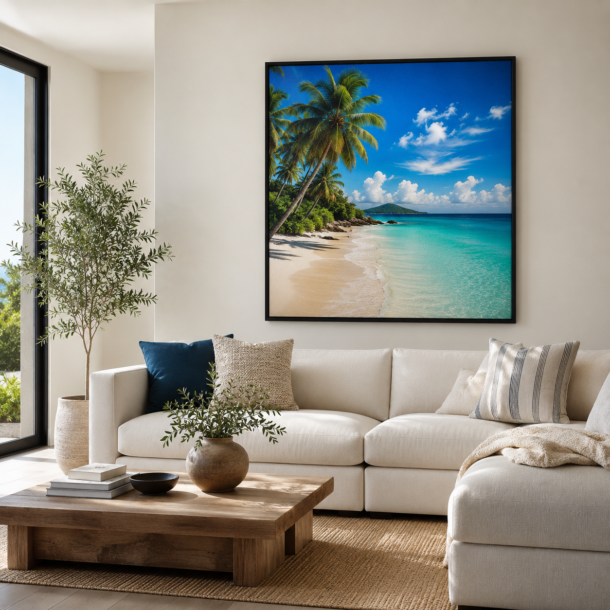 Quadro Praia Tropical com Coqueiros e Mar Azul