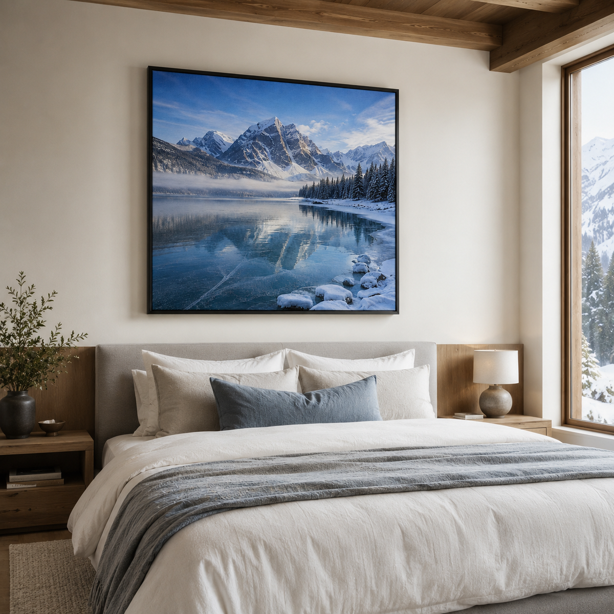 Quadro Paisagem de Montanhas Nevadas e Lago