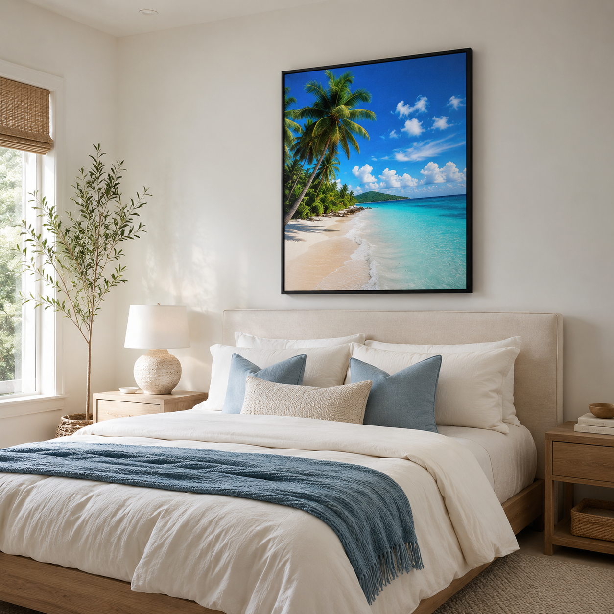Quadro Praia Tropical com Coqueiros e Mar Azul
