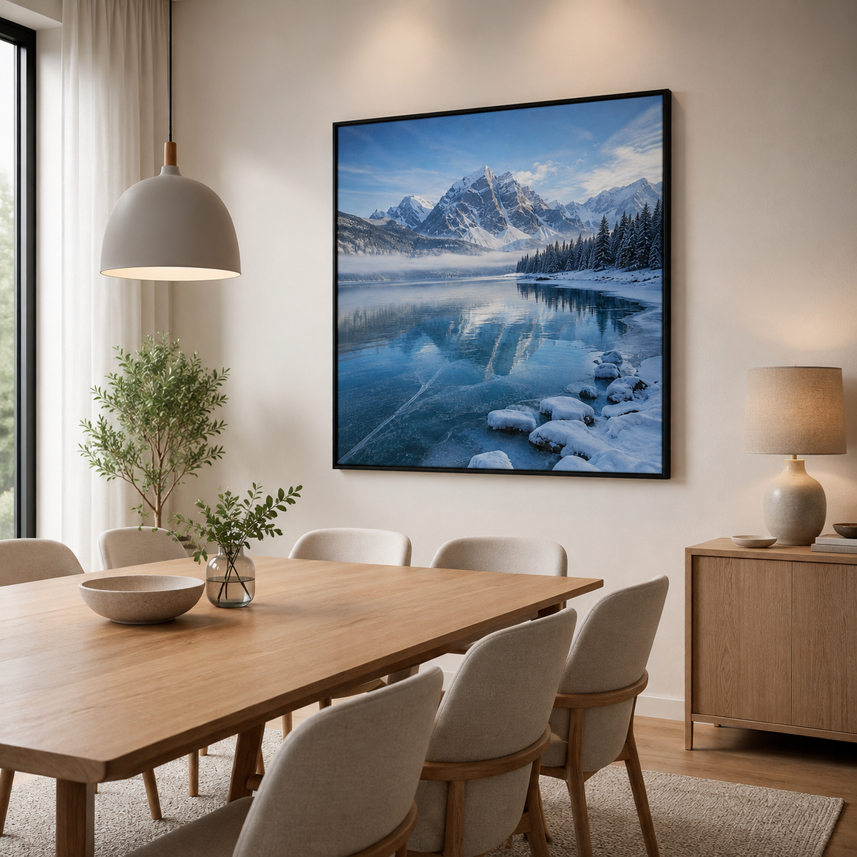 Quadro Paisagem de Montanhas Nevadas e Lago