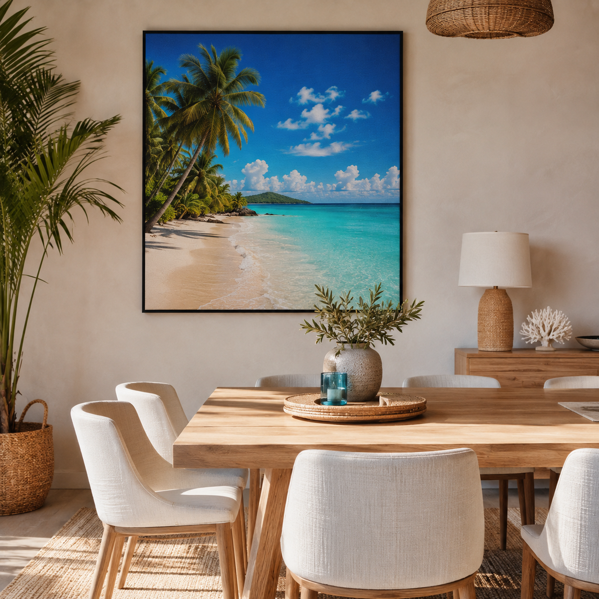 Quadro Praia Tropical com Coqueiros e Mar Azul