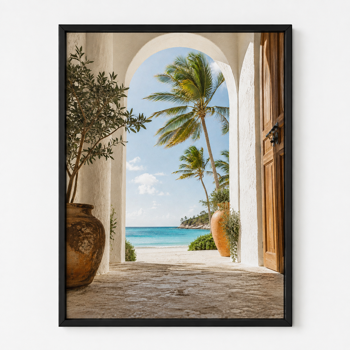 Quadro Paisagem Tropical com Mar Azul e Coqueiros