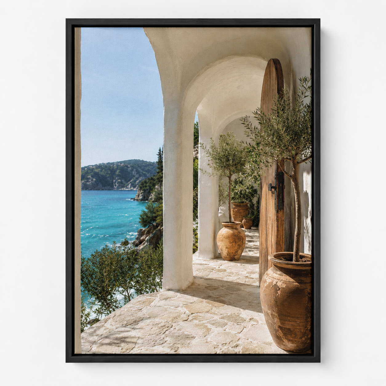 Quadro Paisagem Mediterrânea com Mar Azul e Oliveiras