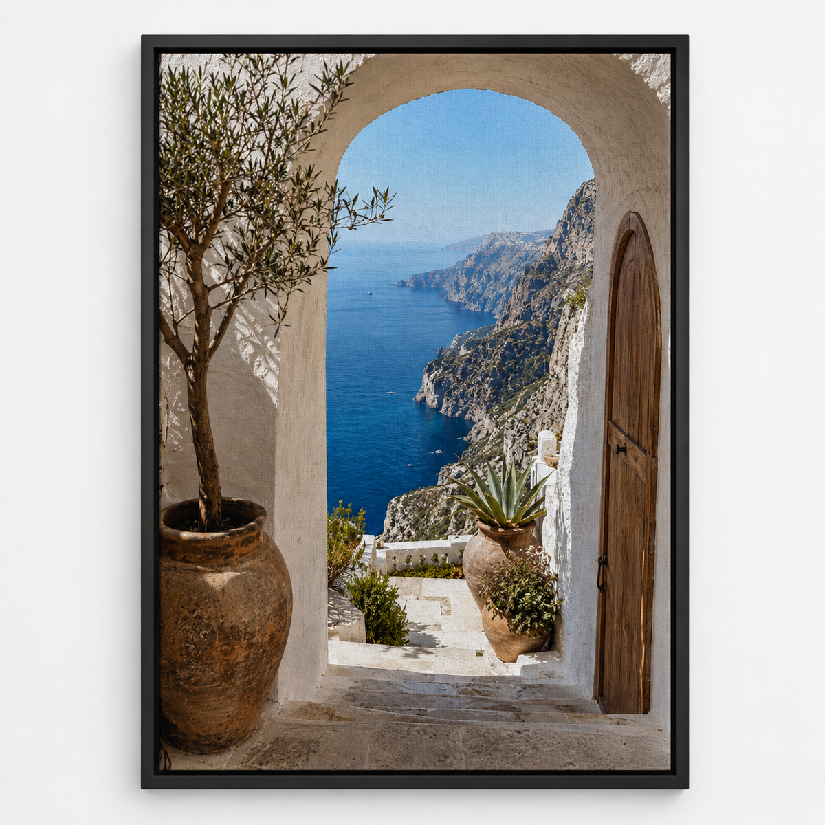 Quadro Paisagem Mediterrânea com Arco e Mar Azul