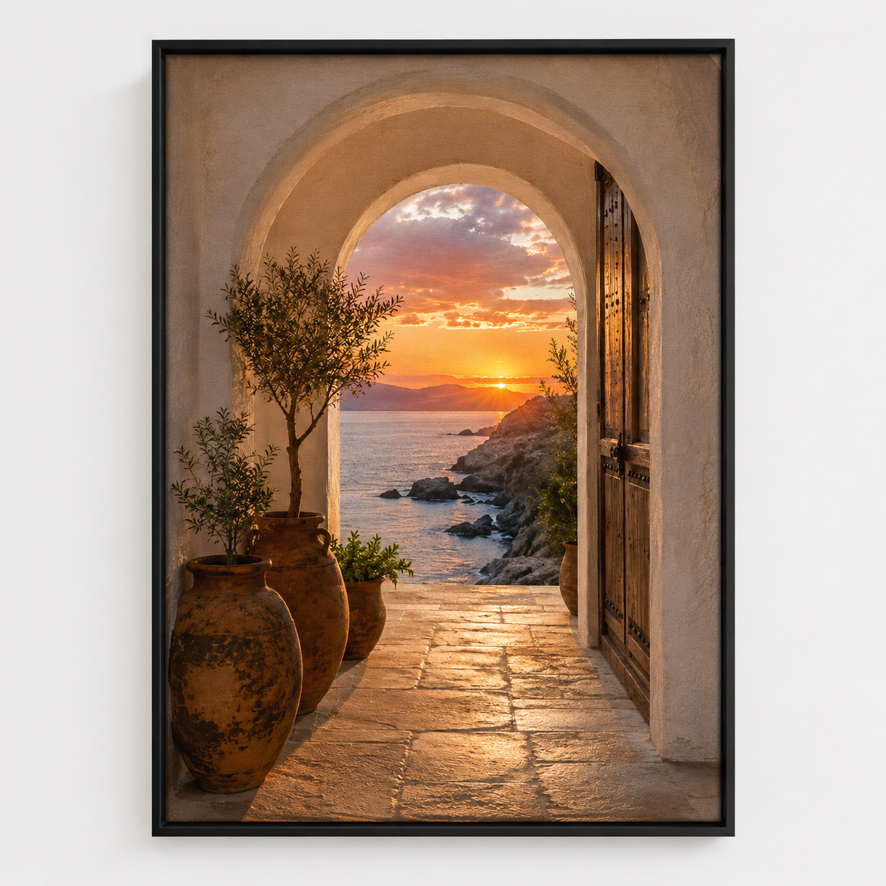 Quadro Pôr do Sol Mediterrâneo com Mar e Arcos