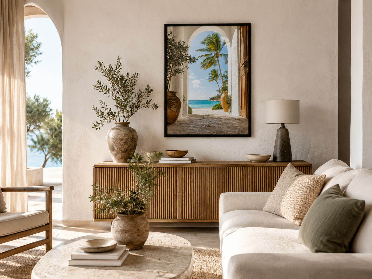 Quadro Paisagem Tropical com Mar Azul e Coqueiros