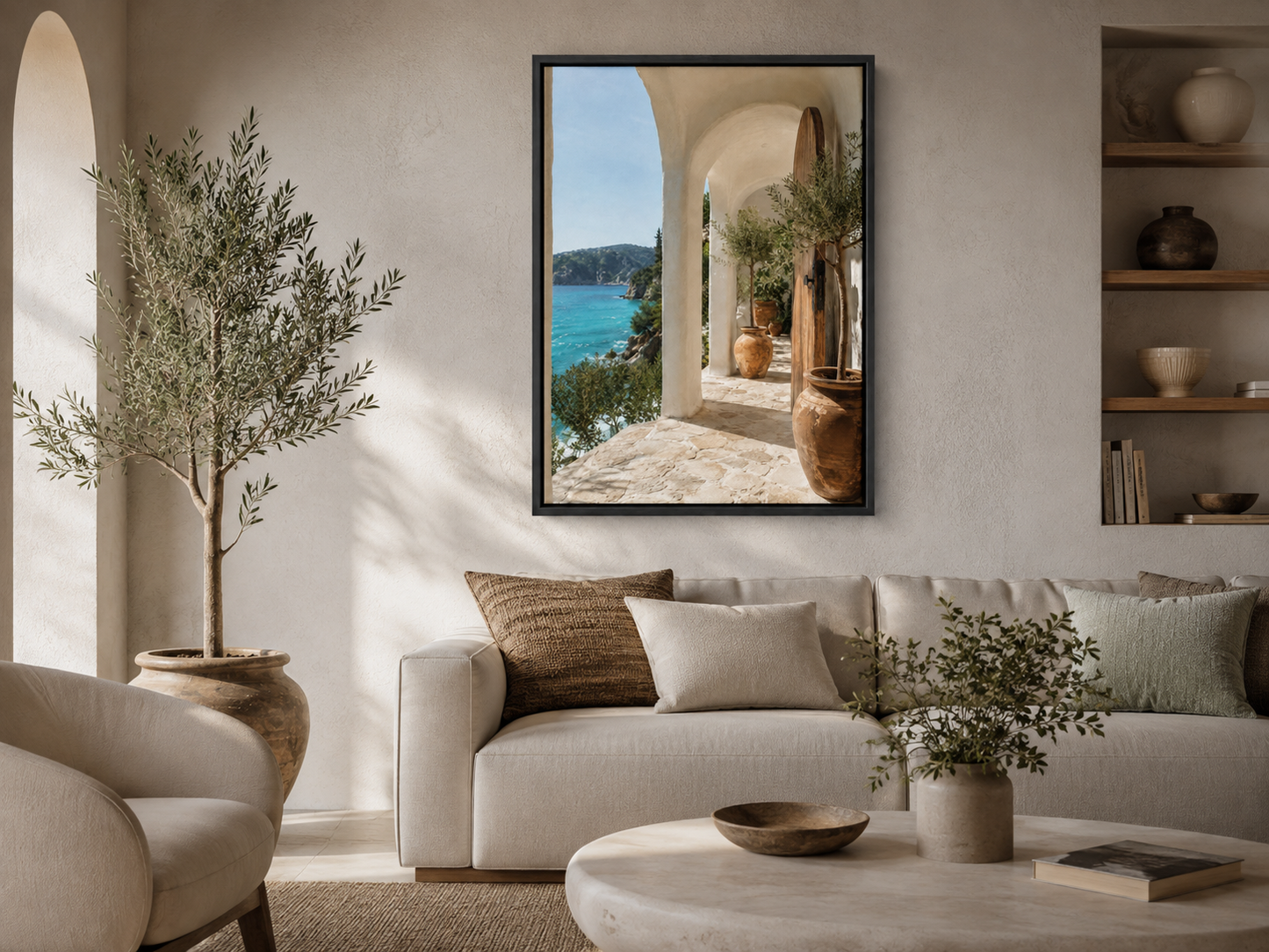 Quadro Paisagem Mediterrânea com Mar Azul e Oliveiras