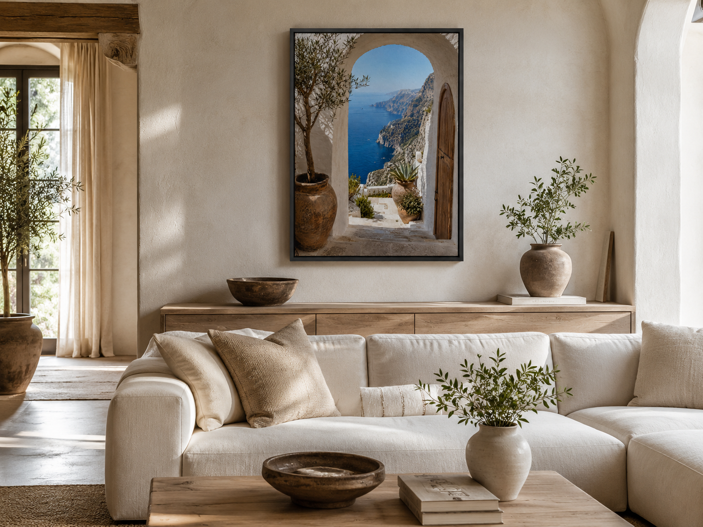 Quadro Paisagem Mediterrânea com Arco e Mar Azul