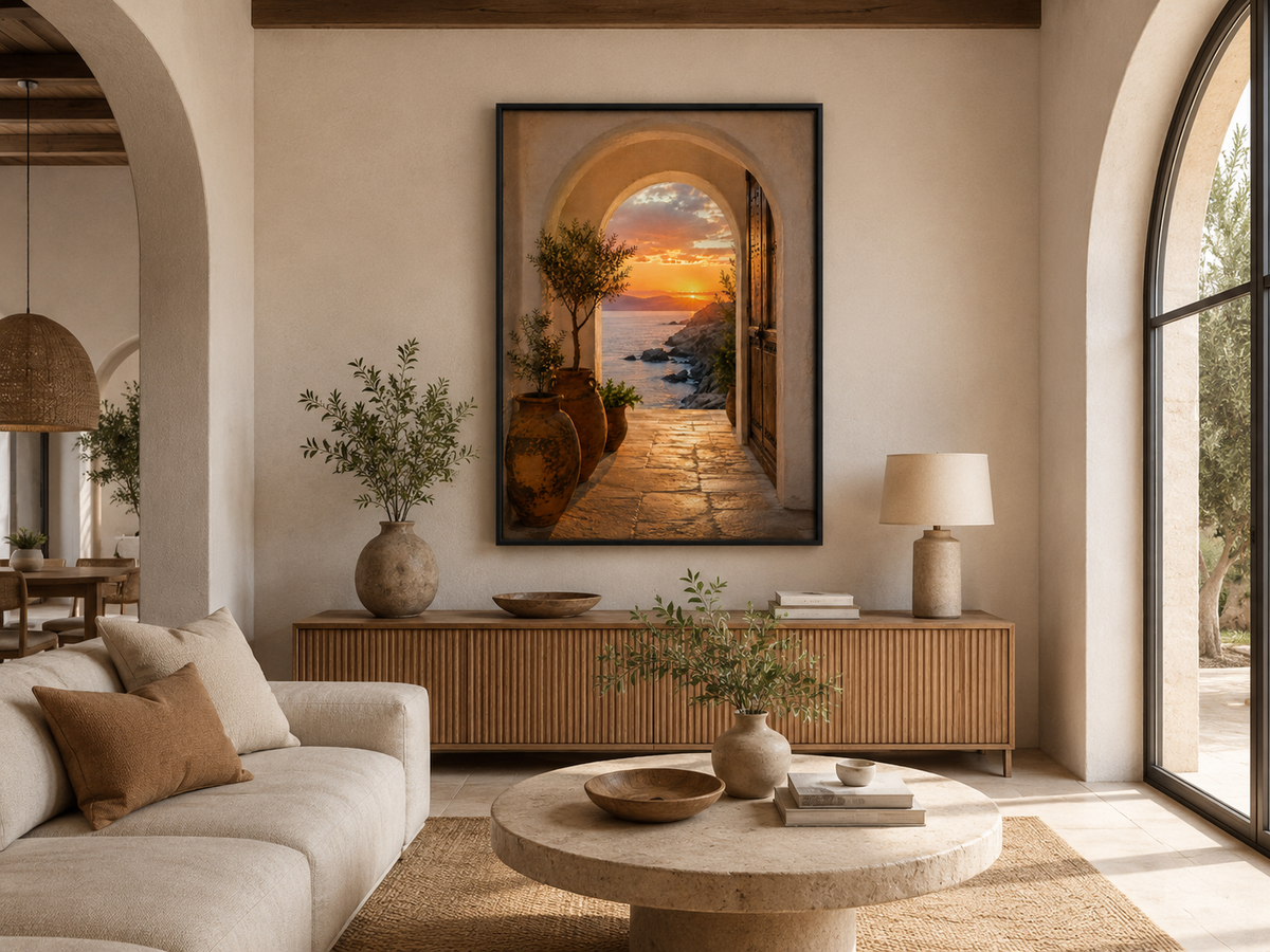 Quadro Pôr do Sol Mediterrâneo com Mar e Arcos