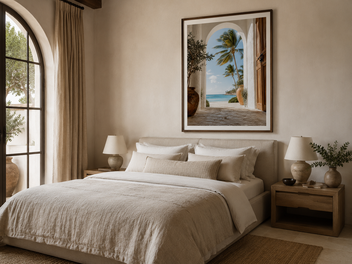 Quadro Paisagem Tropical com Mar Azul e Coqueiros