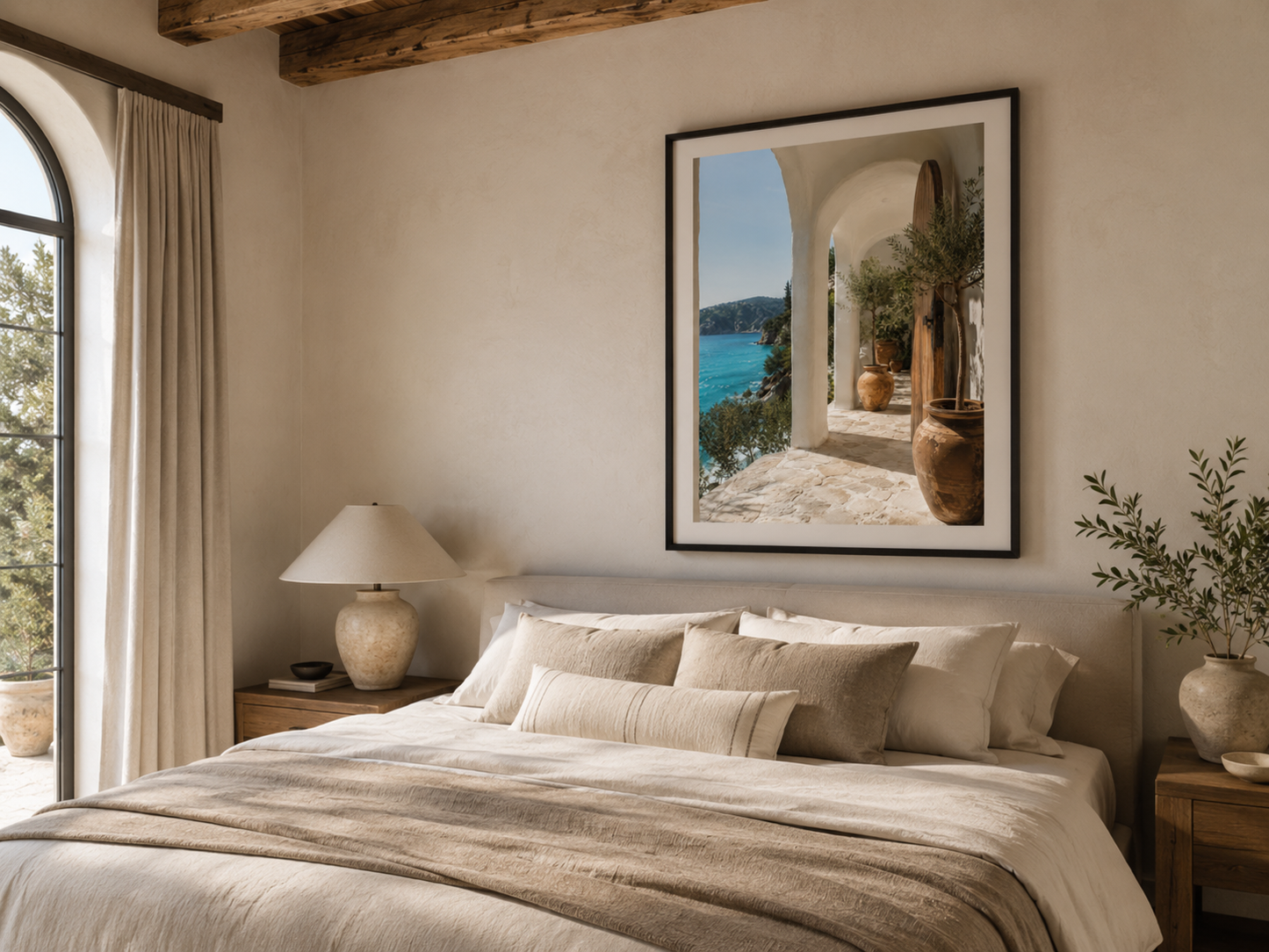 Quadro Paisagem Mediterrânea com Mar Azul e Oliveiras