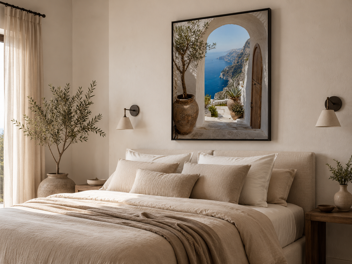 Quadro Paisagem Mediterrânea com Arco e Mar Azul