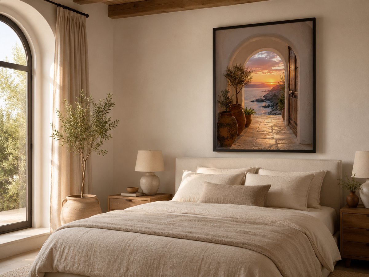 Quadro Pôr do Sol Mediterrâneo com Mar e Arcos