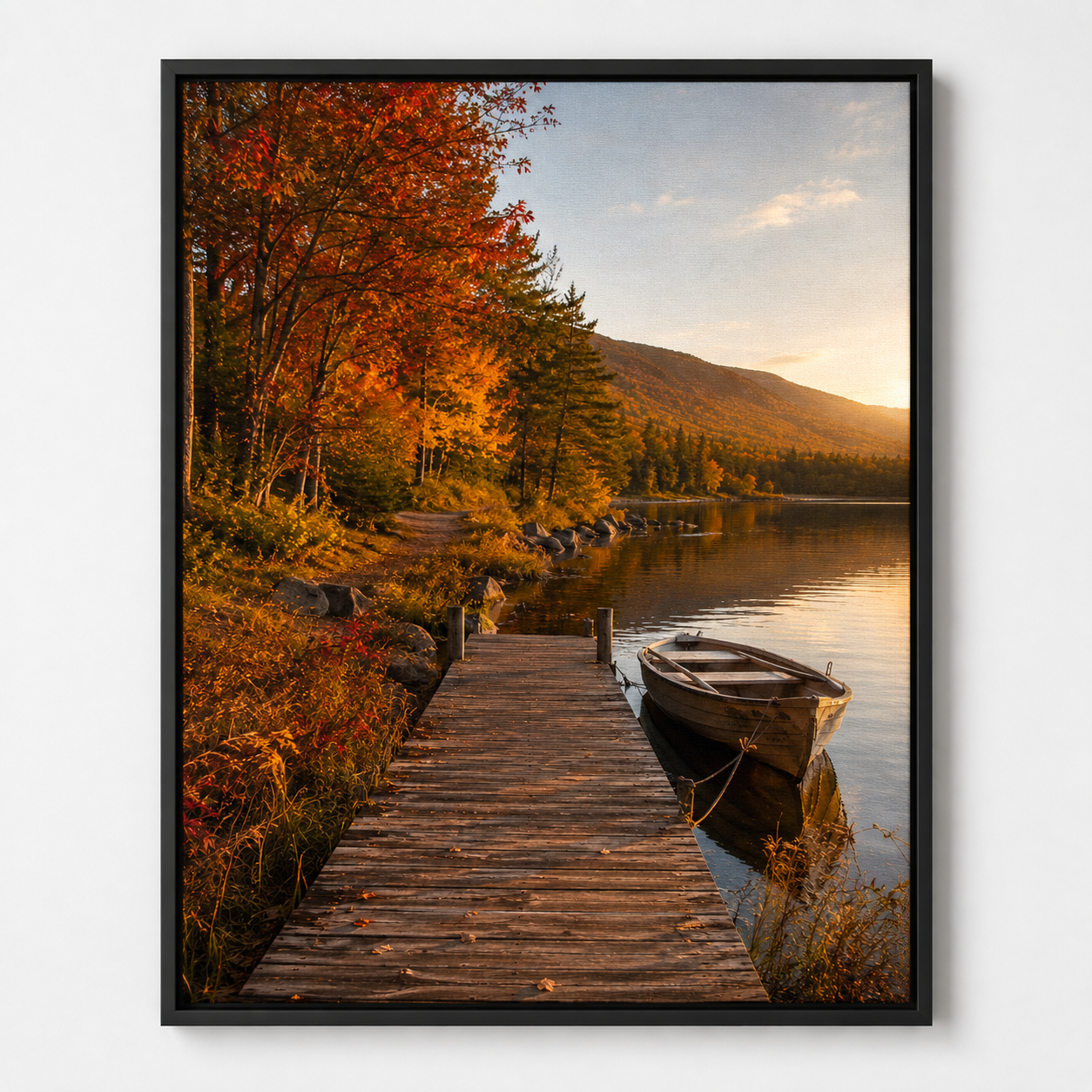 Quadro Outono no Lago com Barco e Píer