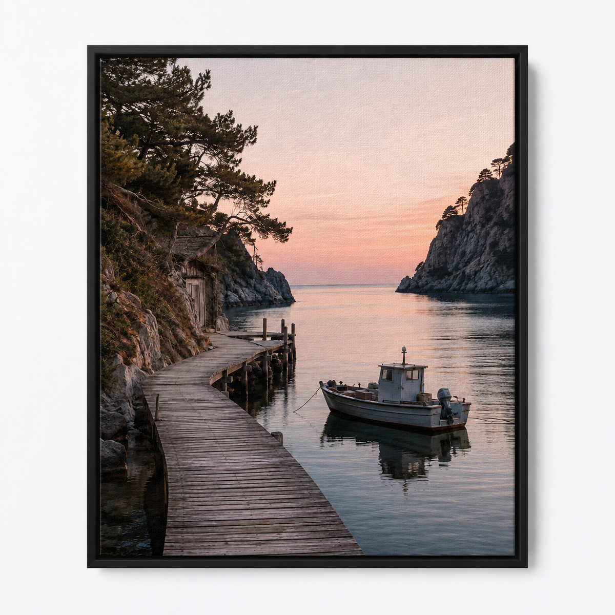 Quadro Costeira com Barco ao Pôr do Sol