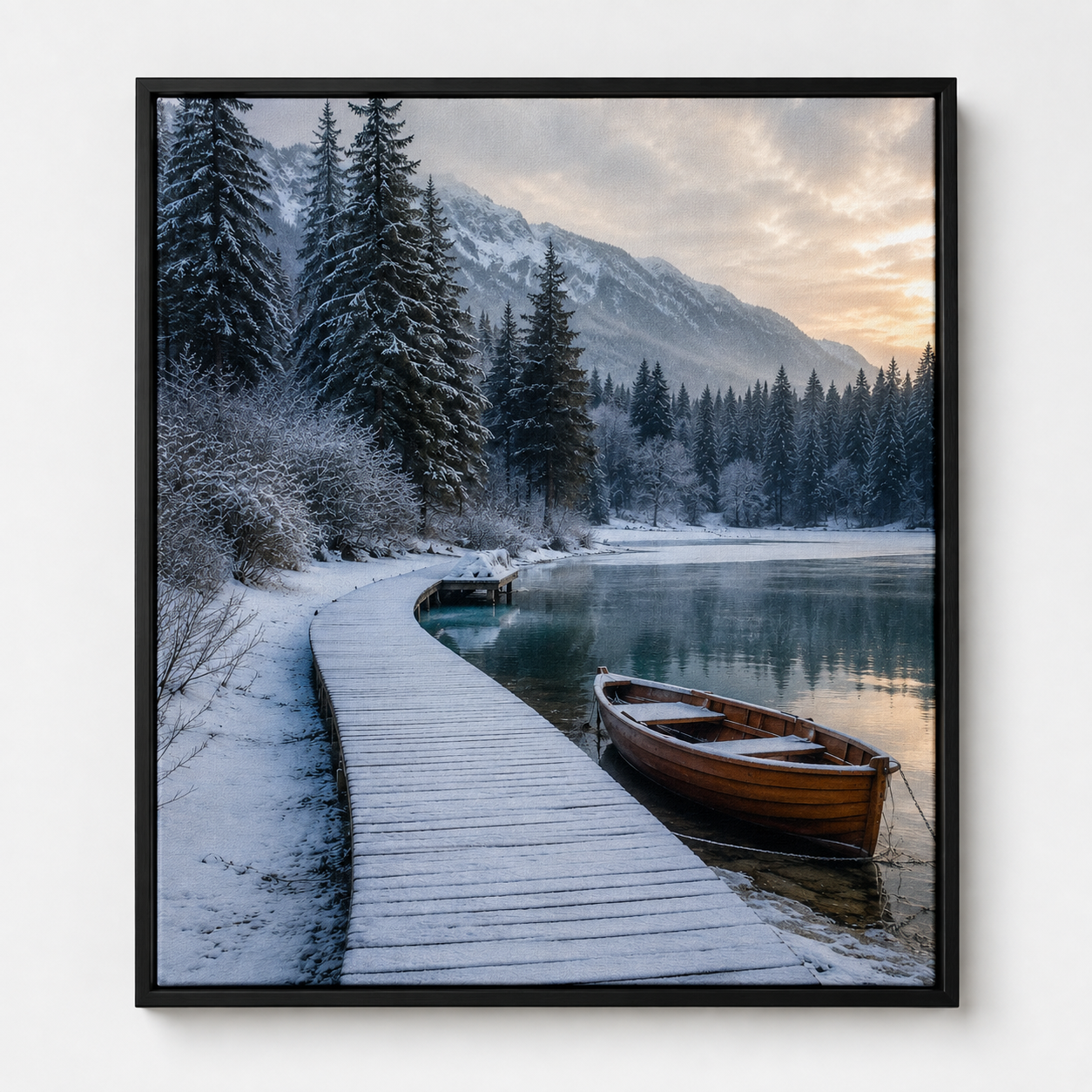 Quadro Inverno com Lago, Barco e Montanhas