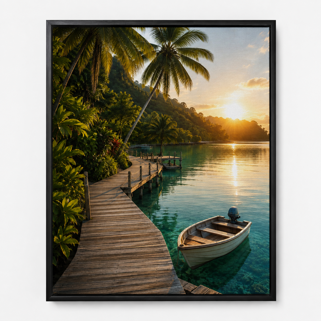 Quadro Tropical com Barco e Píer ao Pôr do Sol