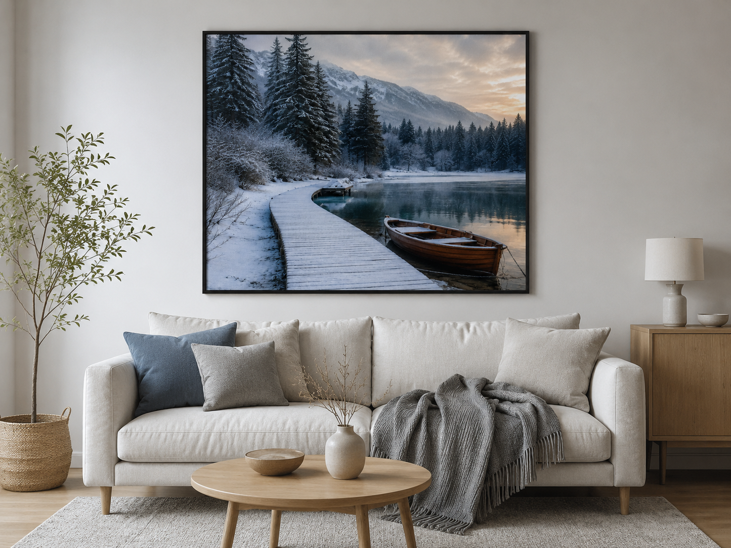 Quadro Inverno com Lago, Barco e Montanhas