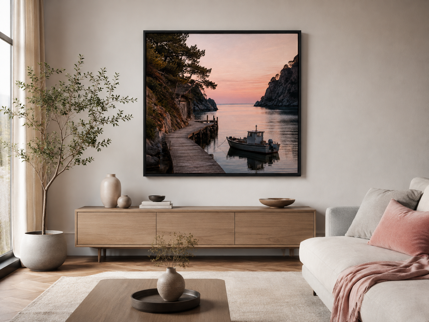Quadro Costeira com Barco ao Pôr do Sol