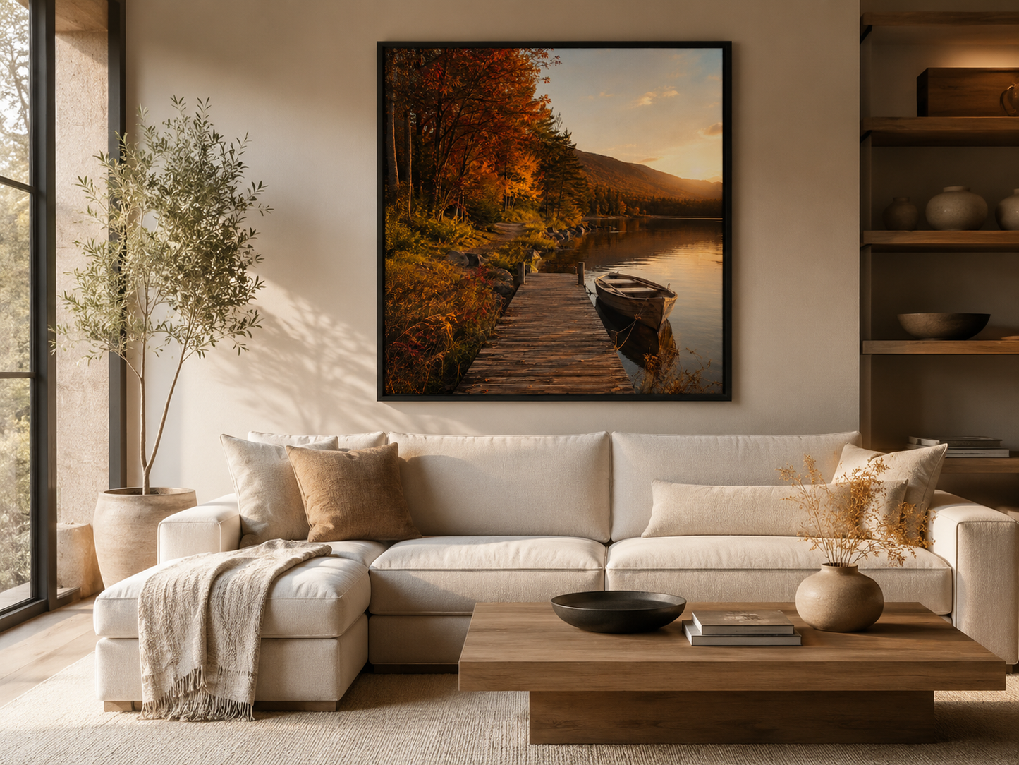 Quadro Outono no Lago com Barco e Píer
