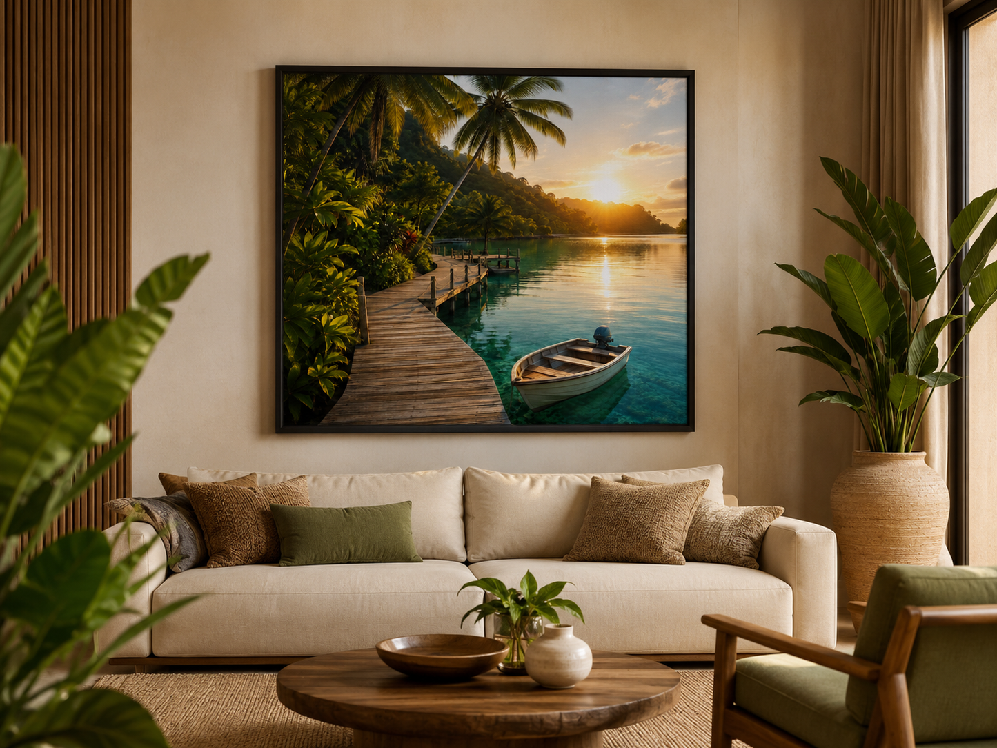Quadro Tropical com Barco e Píer ao Pôr do Sol