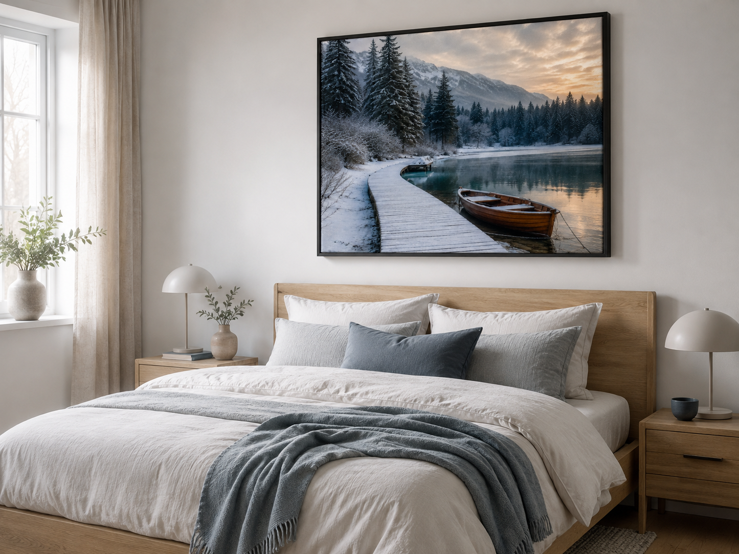 Quadro Inverno com Lago, Barco e Montanhas