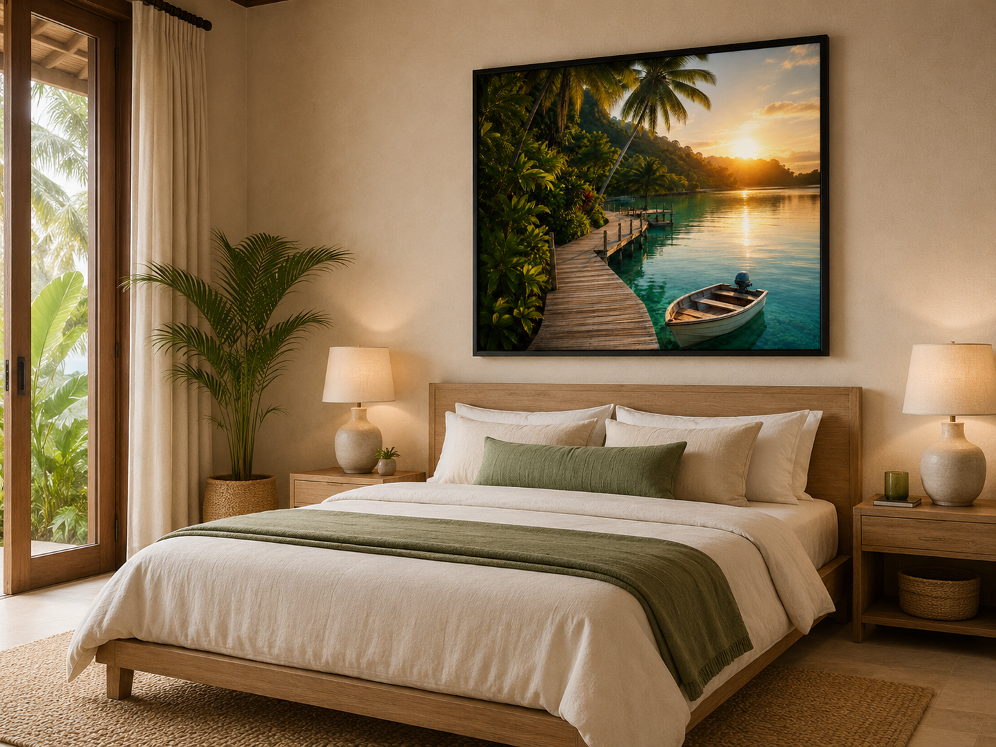 Quadro Tropical com Barco e Píer ao Pôr do Sol