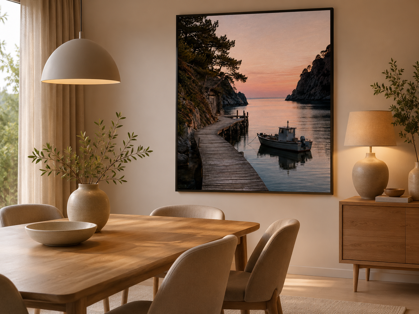 Quadro Costeira com Barco ao Pôr do Sol