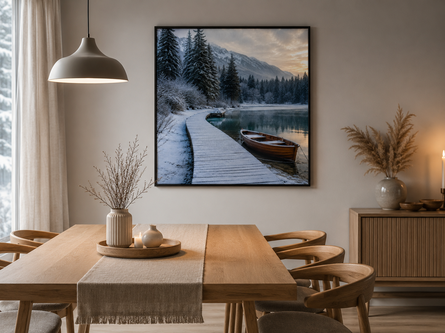 Quadro Inverno com Lago, Barco e Montanhas