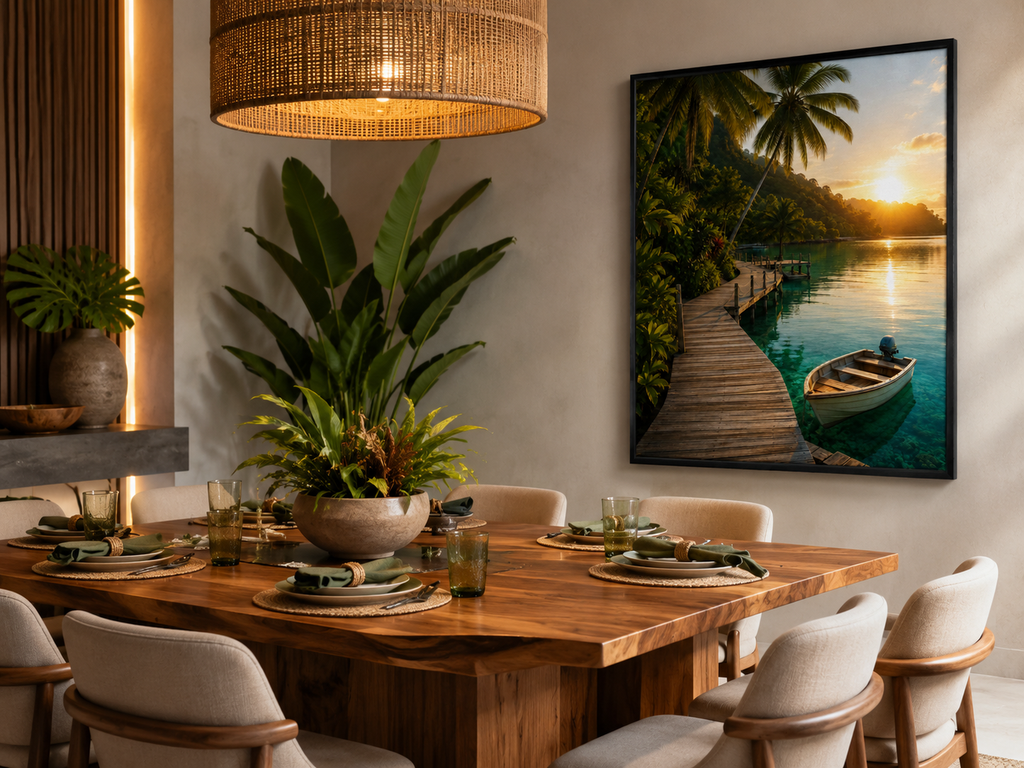 Quadro Tropical com Barco e Píer ao Pôr do Sol