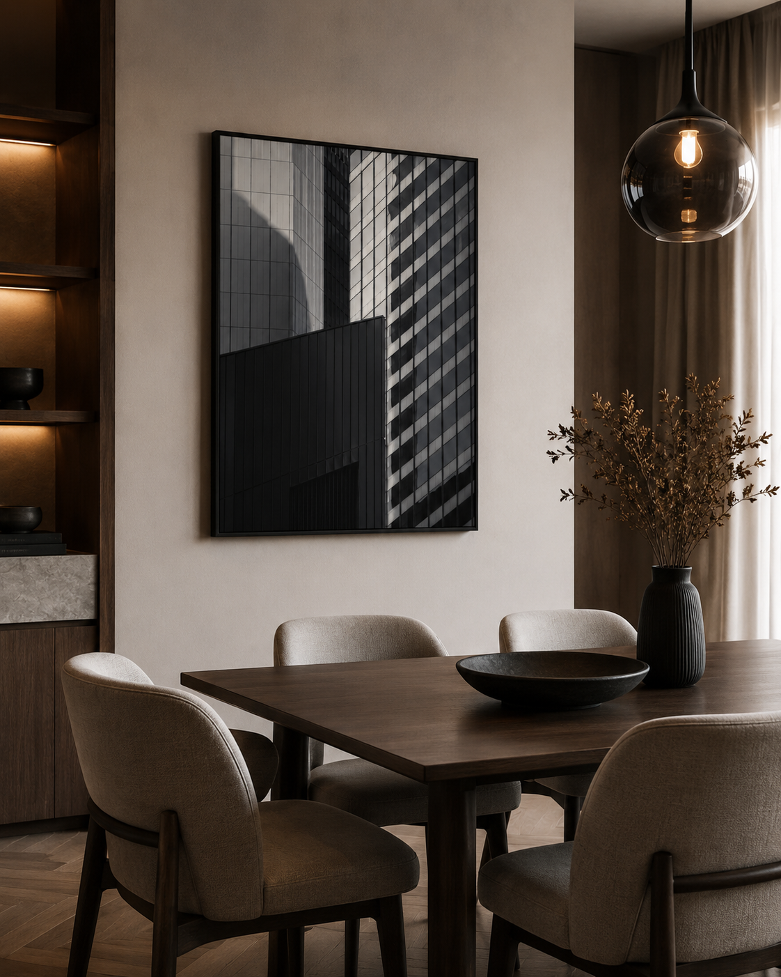 Quadro Fachadas de Vidro e Concreto em Preto e Branco