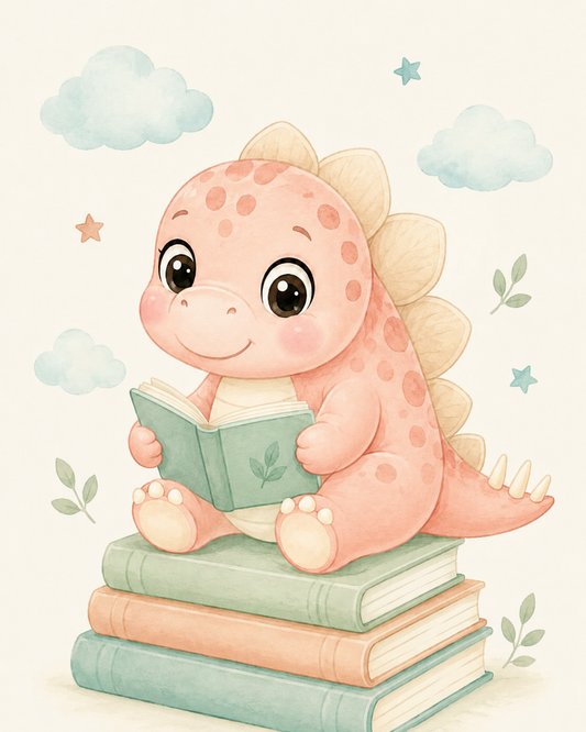 Quadro Dinossauro Lendo Livros em Aquarela
