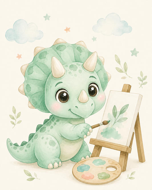 Quadro Dinossauro Pintor em Aquarela